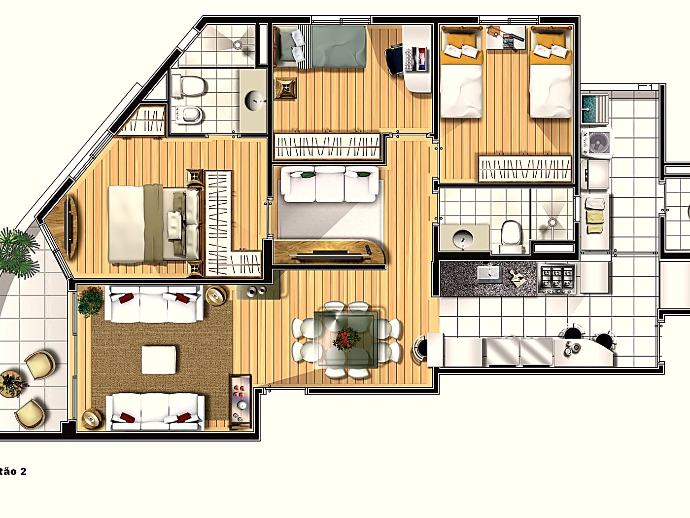 Planta do apartamento do Residencial Villa Splendore com sugestão de layout de móveis
